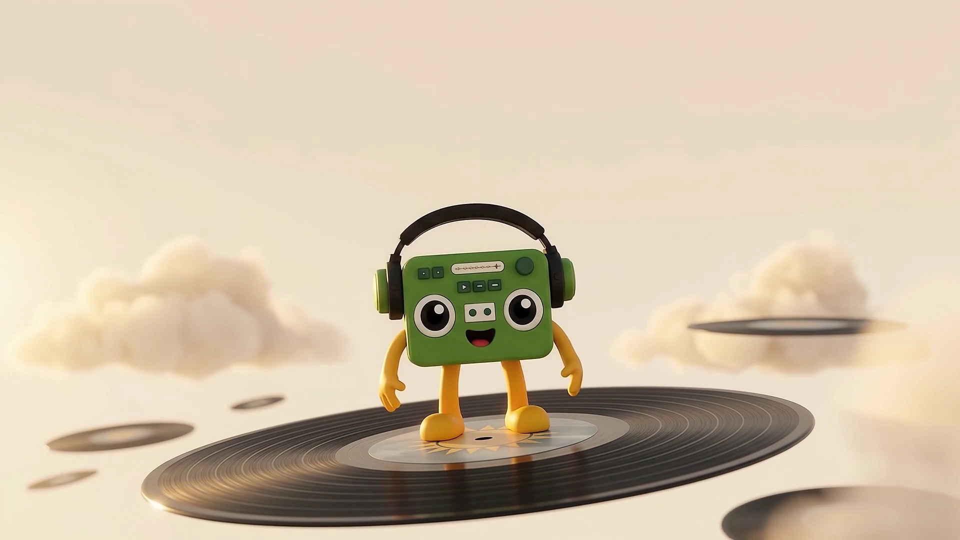 Guessy, das grüne Boombox-Maskottchen mit Kopfhörern, steht auf einer Schallplatte, die zwischen Wolken schwebt